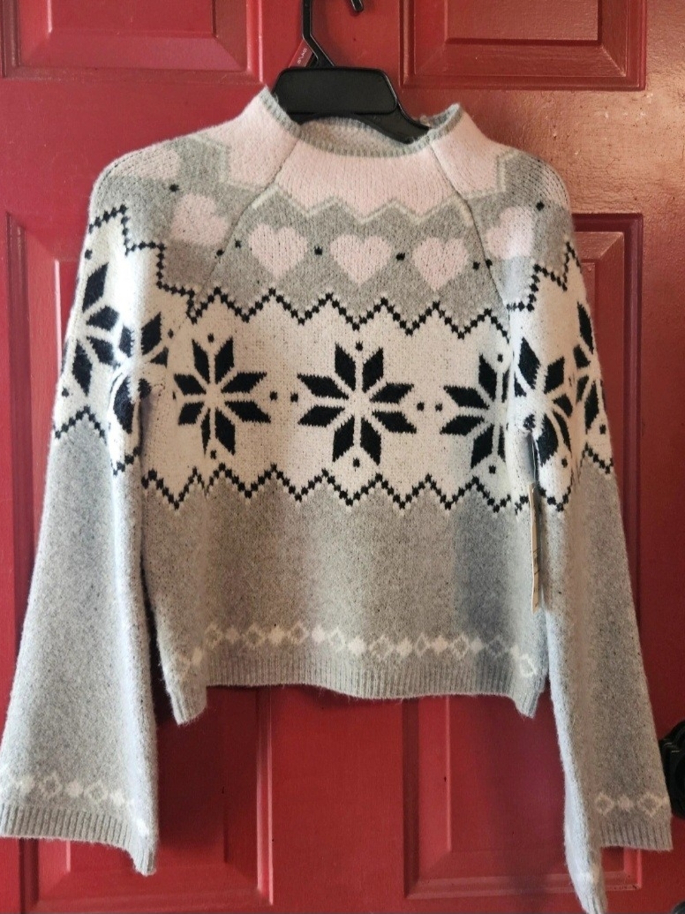 No Boundaries Grey, Pink & Black Nordic Heart Snowflake Sweater